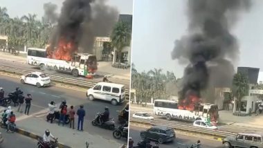 Viral Video: UP Roadways Bus Catches Fire in Ayodhya Highway, Passengers Jump Off Burning Vehicle to Safety